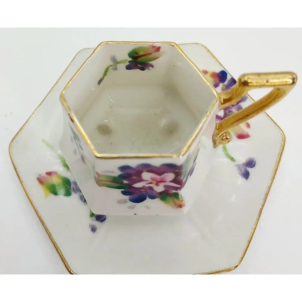 Japanese Miniature Demitasse Teacup And Saucer Floral Gold Tone Trim Hexagonal